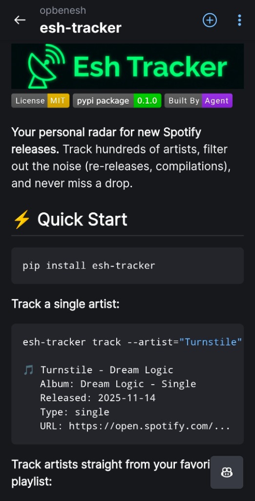 The final result: a polished, auto-updating README for esh-tracker, generated and maintained entirely via mobile coding.